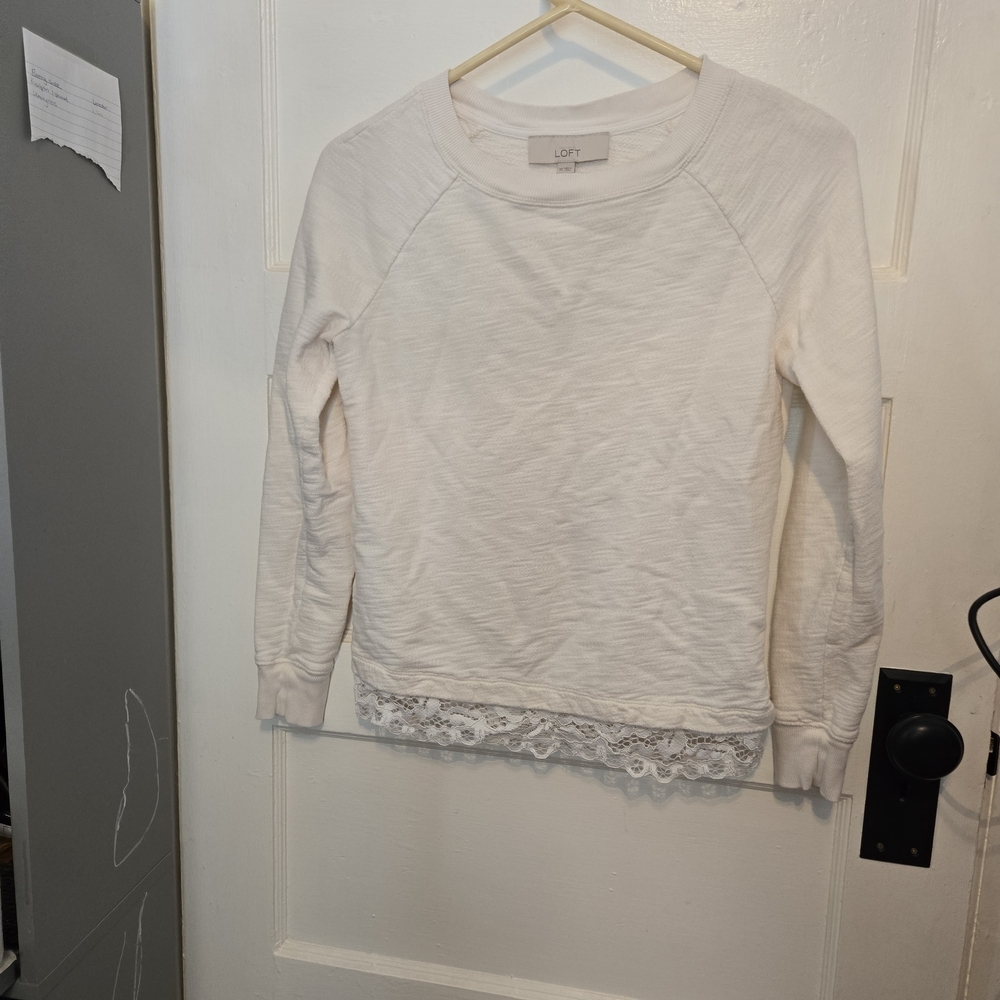 LOFT Women's Cream Lace Hem Top